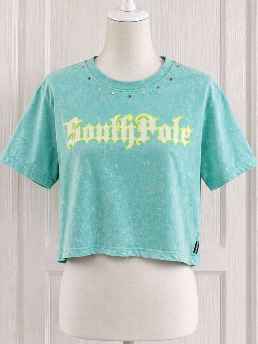 Mint Green Acid-Wash Tee with Decorative Studs